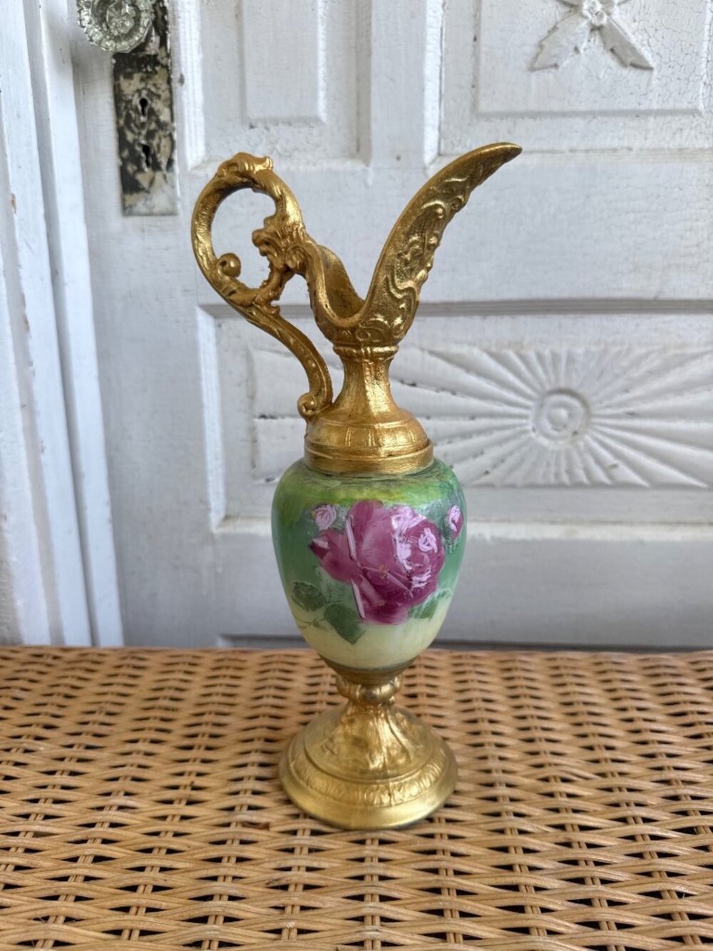 Antique 1910s Porcelain Hand Painted Pink Rose Gold Gilt Ewer Pitcher